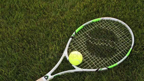 Ρακέτα του τένις και μπάλα στο γρασίδι - Πλάνα, βίντεο