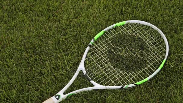 Tenis raketi ve tenis topu yeşil çimenlerin üzerinde. - Video, Çekim