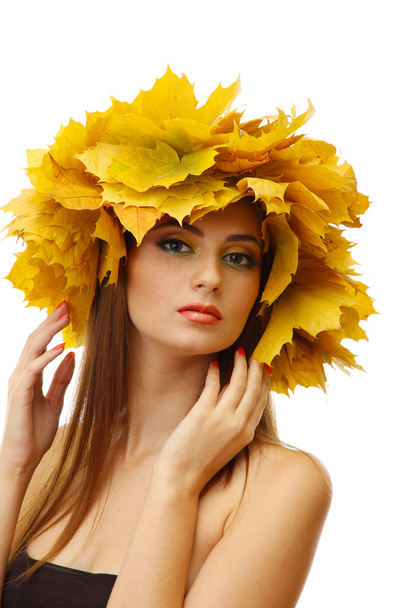 beautiful young woman with yellow autumn wreath, isolated on white - Zdjęcie, obraz