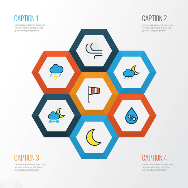 Climate Colorful Outline Icons Set. Collection Of Moonbeam, Lunar, Raindrop And Other Elements. Also Includes Symbols Such As Drop, Vane, Cloud. - Vector, Image