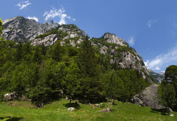 Italia: panoraamanäkymät Mellon laaksoon, Val di Mello, vihreä laakso, jota ympäröivät graniittivuoret ja metsäpuut, jotka luonnon ystävät nimesivät uudelleen pienen italialaisen Yosemiten laakson
 - Valokuva, kuva