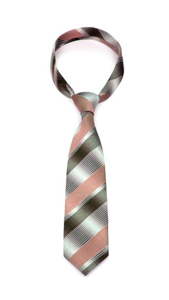 elegante corbata de rayas beige y gris atada aislada sobre fondo blanco
 - Foto, Imagen