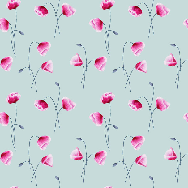 Seamless watercolor poppies pattern on gray - Photo, Image