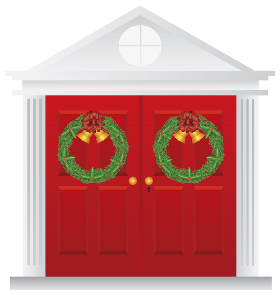 Χριστούγεννα στεφάνι που κρεμά σε διπλή κόκκινη πόρτα εικονογράφηση - Διάνυσμα, εικόνα