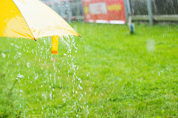 Regentropfen fallen von einem gelben Regenschirm - Foto, Bild