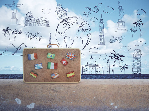 Koffer mit Fahnen auf Betonoberfläche mit Skizze, Meer- und Himmelsblick. Ferienkonzept. 3D-Darstellung  - Foto, Bild