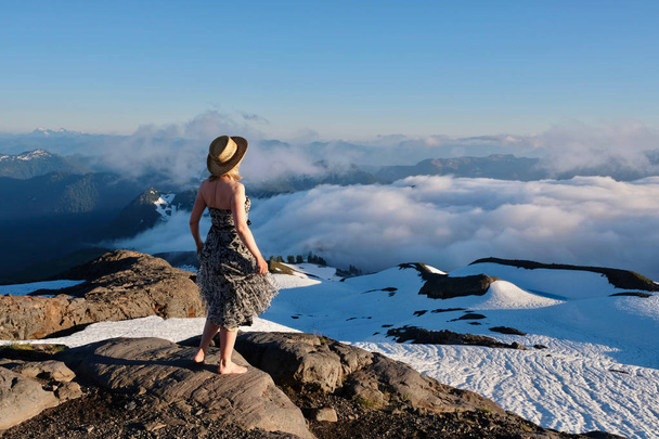 Frau auf Berggipfel genießt malerische Aussicht.  - Foto, Bild