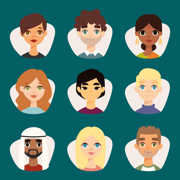 Készlet-ból különböző kerek avatar arc funkciók különböző nemzetiségű ruhák és frizurák emberek karakterek vektoros illusztráció - Vektor, kép