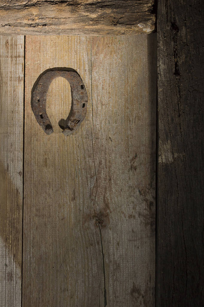 Rusty horseshoe on the old door - Фото, зображення