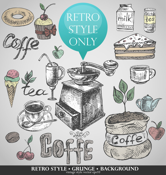set of sweets, tea, coffee, retro style - Vector, Image