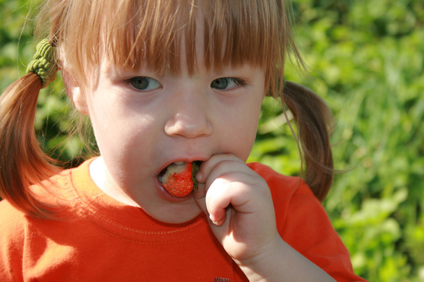 Little girl eating an strawberry - Zdjęcie, obraz
