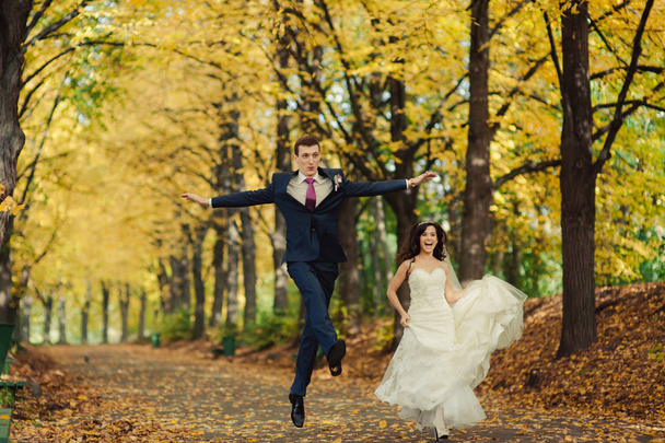 Piękny ślub para na spacerze w parku jesień - Zdjęcie, obraz
