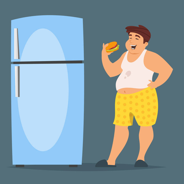 eszik hamburgert boldog, kövér férfi karakter - Vektor, kép