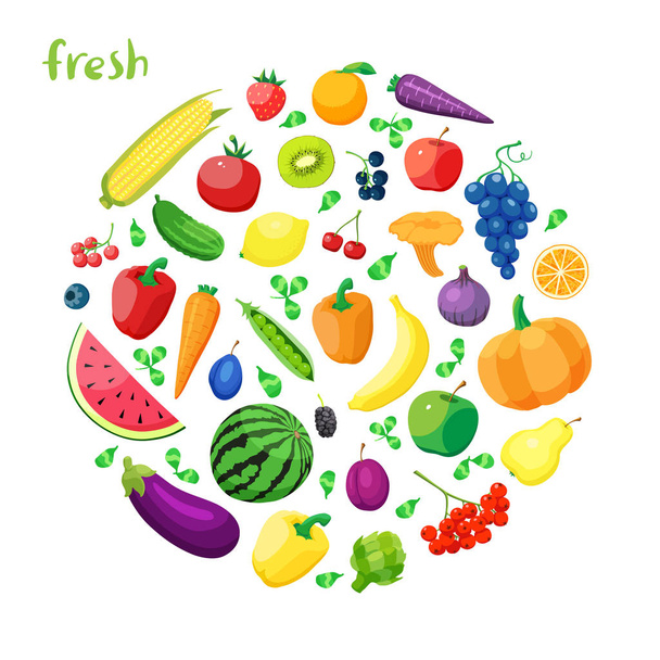 Gyűjteménye vektor vegetáriánus fogásokból álló konyha egészséges bioélelmiszer. szerves természetes reális zöldség és gyümölcs. - Vektor, kép