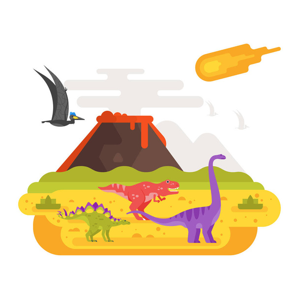 prehistorische landschap en vulkaan met dinosaurussen. - Vector, afbeelding
