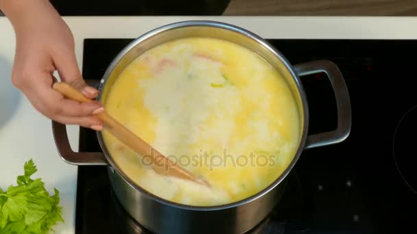 Ανακατεύουμε την σούπα σε μια κατσαρόλα - Πλάνα, βίντεο