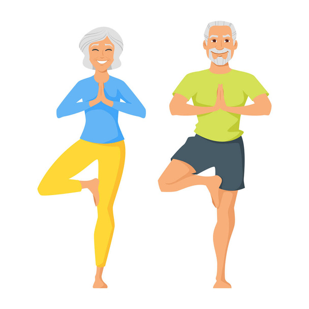 Gelukkig senior man en vrouw doen yoga - Vector, afbeelding