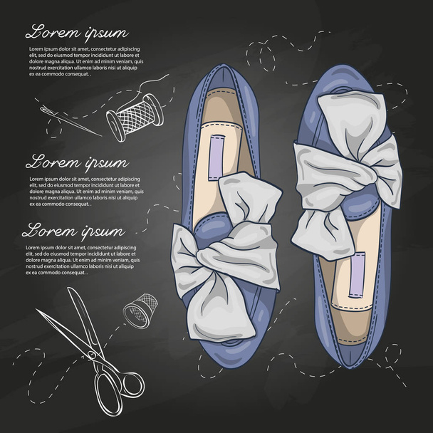 Vector sketch, color womens leather ballet flats with knot on a chalk board - Vector, afbeelding