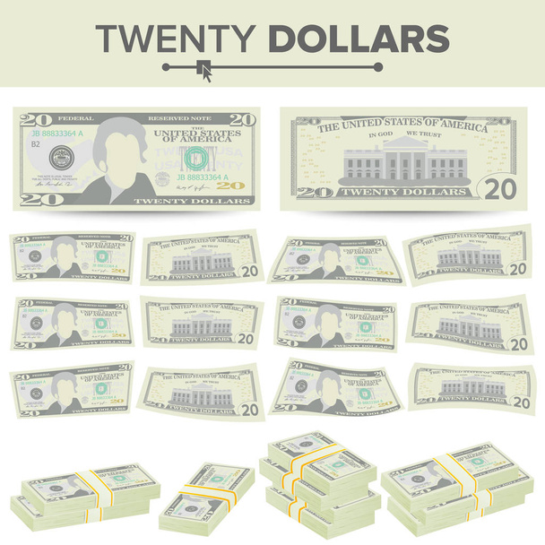 Vector de billetes de 20 dólares. Dibujos animados moneda de EE.UU.. Dos caras de veinte billetes estadounidenses Ilustración aislada. Símbolo de efectivo 20 dólares pilas
 - Vector, Imagen