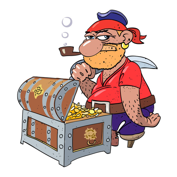 Cartoon image of pirate captain with treasure chest - Vektor, Bild