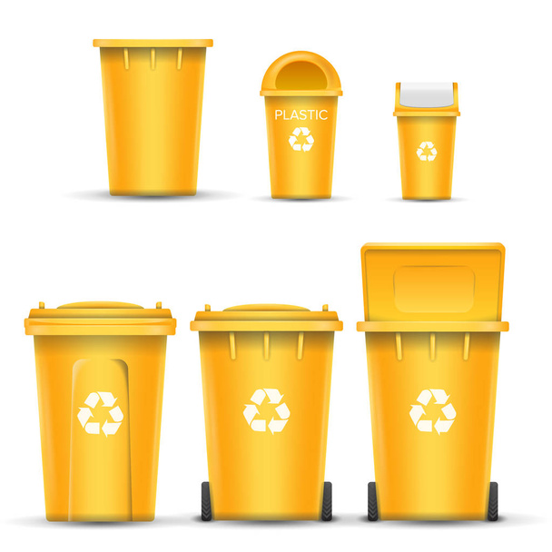 Gele Recycling Bin emmer Vector voor Plastic afval. Geopend en gesloten. Vooraanzicht. Teken de pijl. Geïsoleerde illustratie - Vector, afbeelding