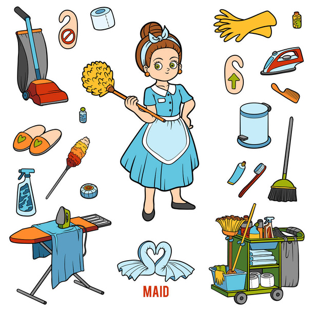 farbenfrohes Set mit Dienstmädchen und Objekten zur Reinigung. Cartoon Aufkleber Set - Vektor, Bild