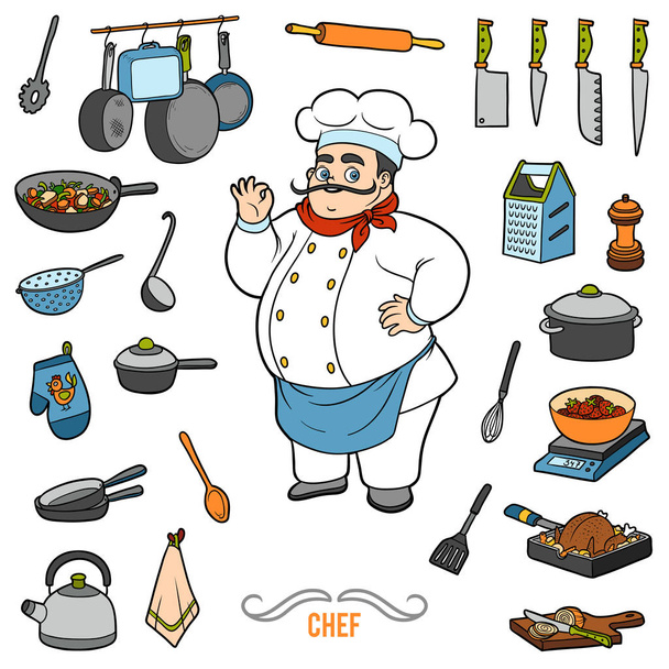 Set vettoriale con chef e oggetti per cucinare. Set di adesivi cartone animato
 - Vettoriali, immagini
