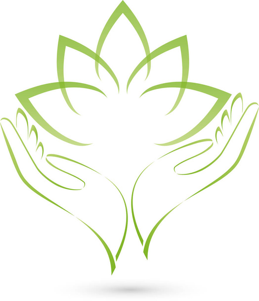 Τα χέρια και τα φύλλα, φυτό, λογότυπο naturopath και ευεξίας - Διάνυσμα, εικόνα