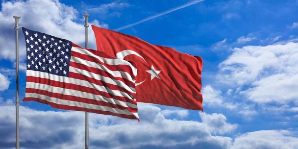Τουρκία και Αμερικής που κυματίζουν τις σημαίες στο μπλε του ουρανού. 3D απεικόνιση - Φωτογραφία, εικόνα