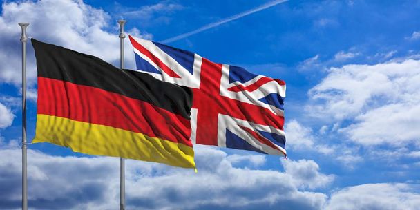 Англия и Германия размахивают флагами на голубом небе. 3d иллюстрация
 - Фото, изображение
