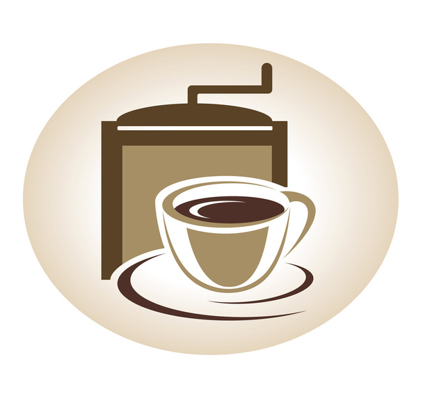 Coffee mill and cup emblem - Vetor, Imagem