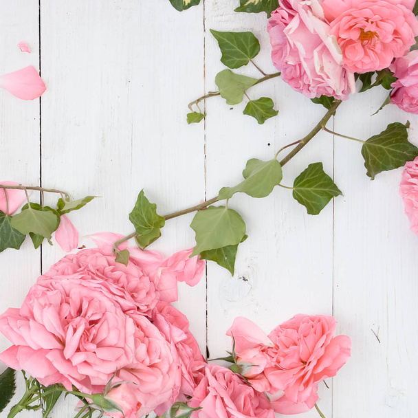 Romantic pink roses and branches of ivy on white wooden background - Photo, image