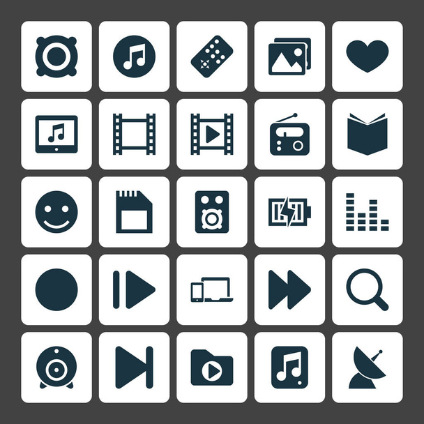 Music Icons Set. Collection Of Controller, Equalizer, Media Folder And Other Elements. Also Includes Symbols Such As Megaphone, Search, Folder. - ベクター画像
