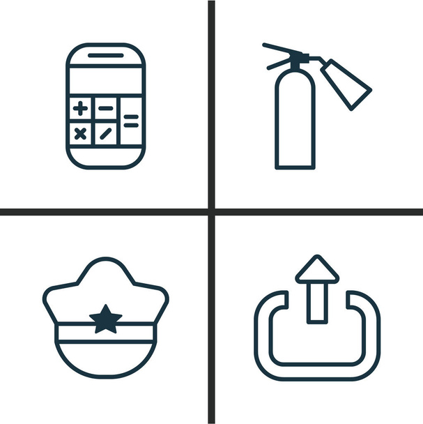 Vervoer Icons Set. Collectie van Exit, brandblusser, Pilot Hat en andere elementen. Ook symbolen zoals Output, Cap, Calculator. - Vector, afbeelding