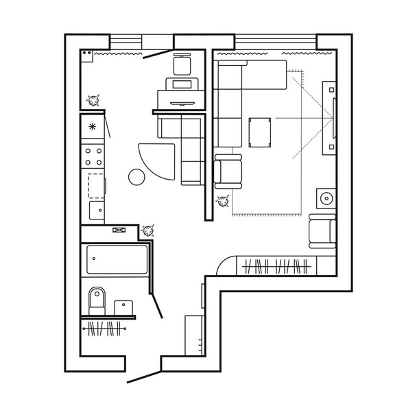 Σχέδιο αρχιτεκτονικής με έπιπλα. Σχέδιο ορόφων σπιτιών. Κουζίνα, σαλόνι και μπάνιο. Λεπτή γραμμή σύνολο εικονιδίων. Εσωτερικό σχεδιασμό, το top view. Διάνυσμα  - Διάνυσμα, εικόνα