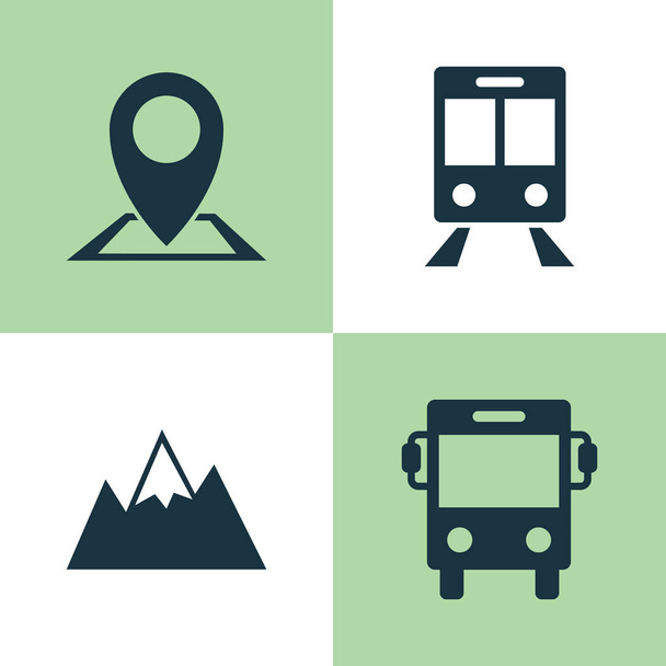 Set di icone in viaggio. Raccolta di posizione, trasporto ferroviario, trasporto e altri elementi. Include anche simboli come collina, monte, auto
. - Vettoriali, immagini