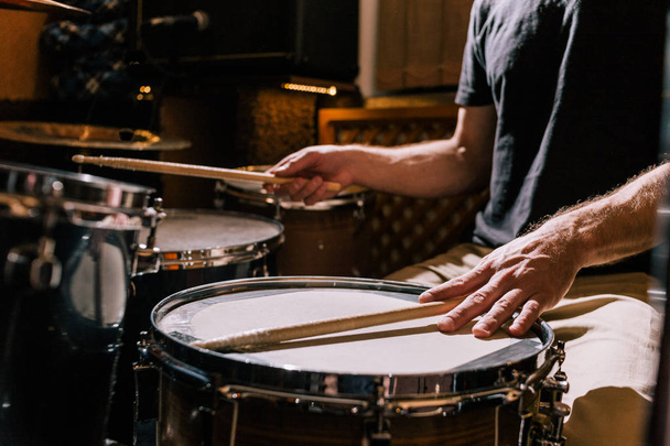 Drummer with drums closeup. Recording studio - Photo, Image