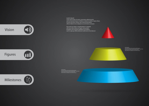 Modelo de infográfico de ilustração 3D com triângulo dividido horizontalmente em três fatias de cor
 - Vetor, Imagem