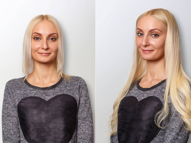 Hair extensions procedure. Hair before and after. - Photo, Image