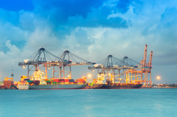 Logistyka i transport międzynarodowy ładunków kontenerowych statków z portami Żuraw most w porcie logistyczne import eksport przemysłu tło i transportu. - Zdjęcie, obraz