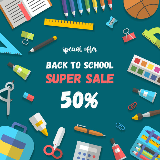 Vector sale poster, set of randomly arranged school supplies flat - Vector, Image