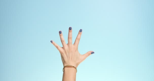 womans hand making a count down on a bright blue background - Filmati, video
