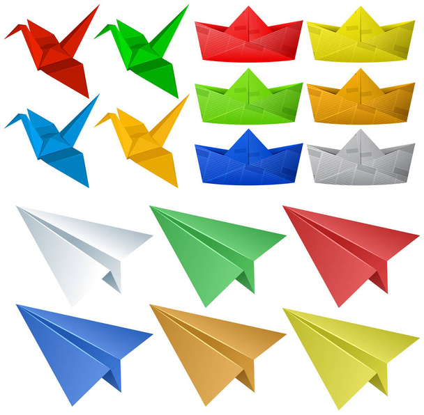 Origami σκάφος με πουλιά και αεροπλάνα - Διάνυσμα, εικόνα