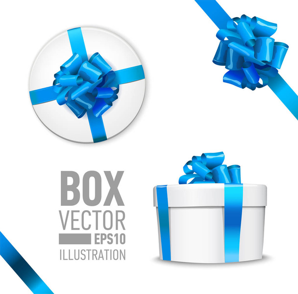 white round gift box with shiny blue beautiful curly bow and ribbon. Top view, side view. Isolated on blue Background - Vektor, obrázek