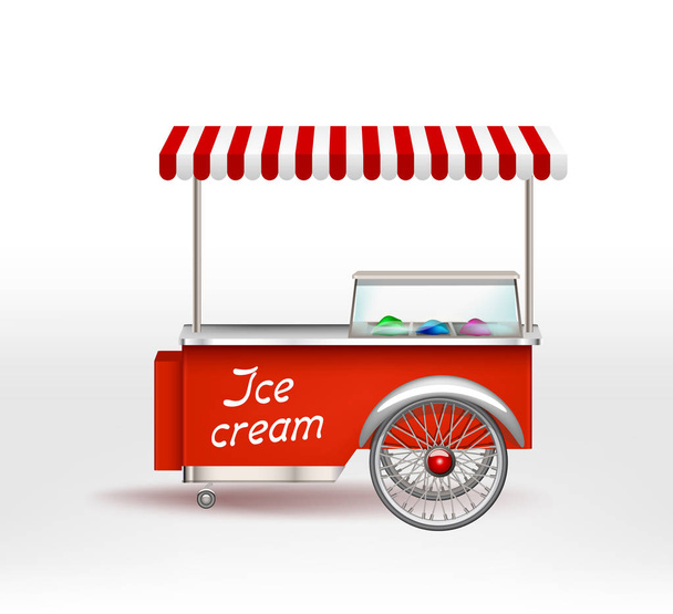 Carrello gelato rosso. Illustrazione del vettore del camion del cibo. Negozio su ruote con la merce
 - Vettoriali, immagini