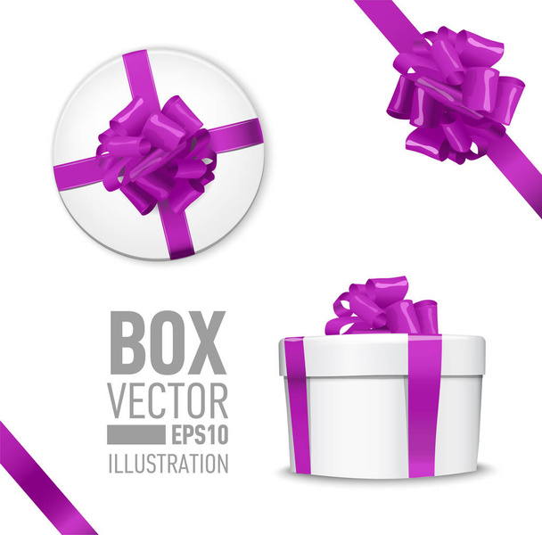 white round gift box with shiny purple beautiful curly bow and ribbon.  - Vektor, obrázek