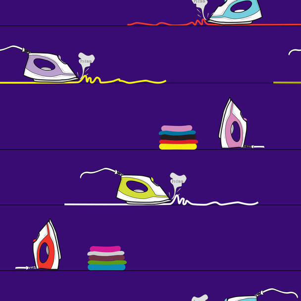 Безшовний візерунок барвистих парових прасок і купи одягу на фіолетовому фоні
 - Вектор, зображення