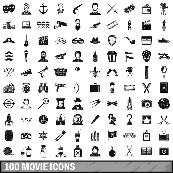 100 film ikonok beállítása, egyszerű stílus - Vektor, kép