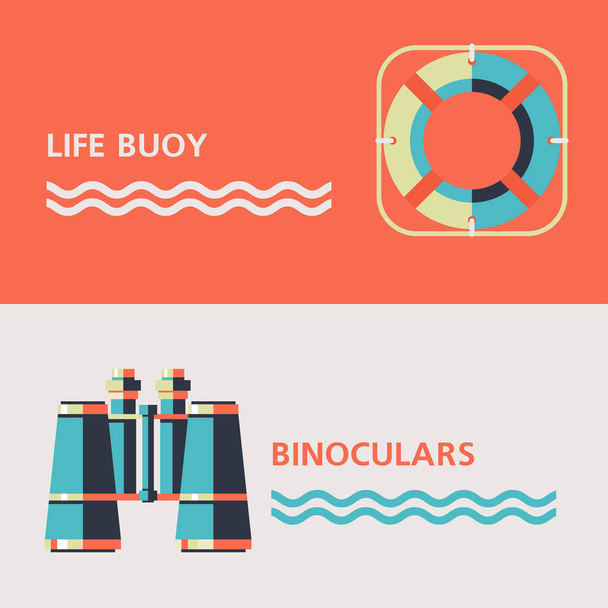 Binoculars and a life buoy. Vector illustration of icons with place for text. Isolated. - Vector, Image