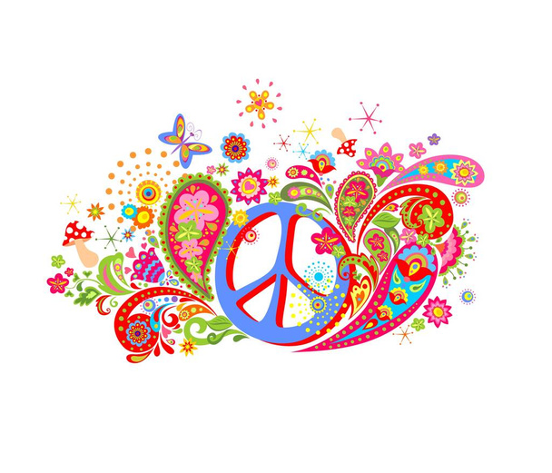 Impression psychédélique avec symbole de paix hippie, champignons, fleurs abstraites colorées et paisley
 - Vecteur, image